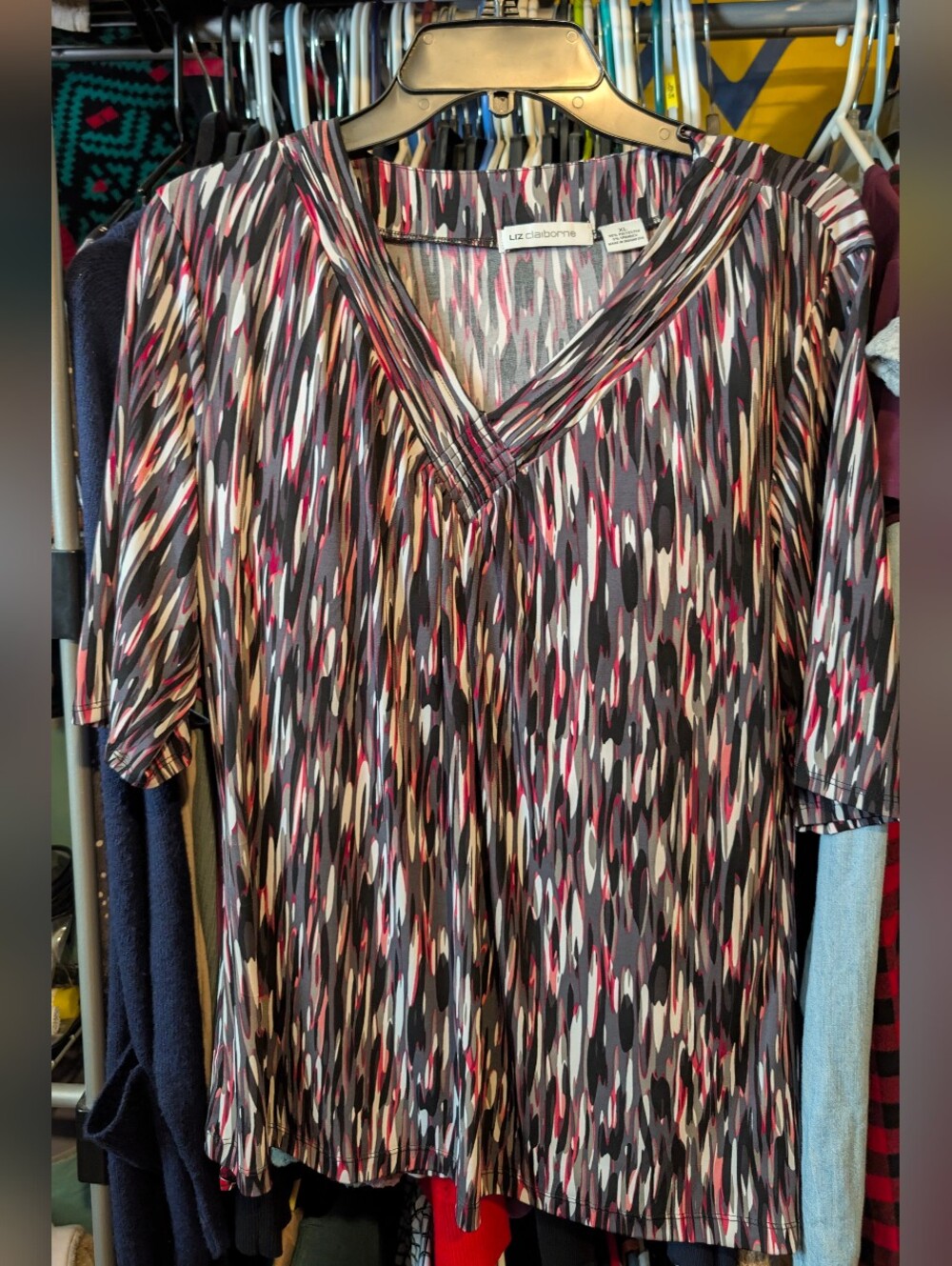 Liz Claiborne Printed V-Neck Short Sleeve Top - Black, Pink, Grey